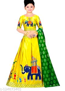 Yellow Elephant Print Lehenga Choli For 11-12 Yrs