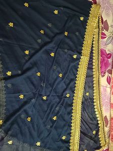 Navy Blue Net Dupatta with Gold Border