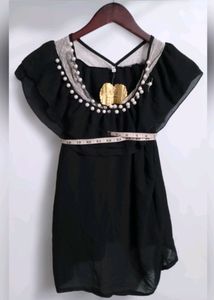 Black Sheer Ruffled Top with Keyhole Neckline
