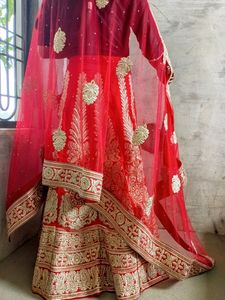 Red &amp; Gold Embroidered Lehenga Set