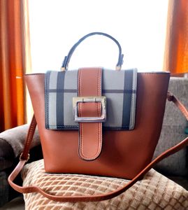 Brown Bucket Shaped Structured Handbag