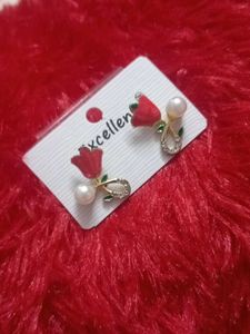 Pearl &amp; Red Tulip Stud Earrings
