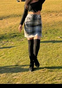 Chic Black Top &amp; Plaid Skirt Set