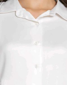 SHAYE Spread Collar White Satin Floral Print Long