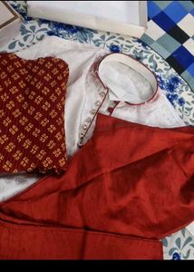 Elegant White &amp; Maroon Kurta Set