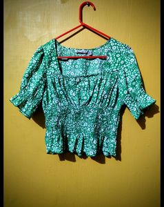 Puff Sleeves Floral Print Women Light Green Top