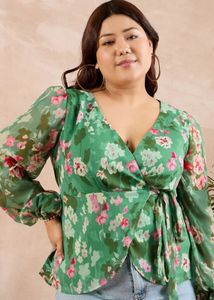 Plus Size Green Floral Wrap Top | 3XL