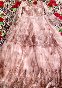 Elegant Peach Net Gown with Embroidery Work