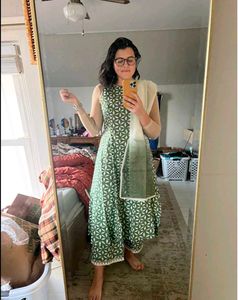 FIORRA Women's Ferm Green Pure Cotton Flared Kurta