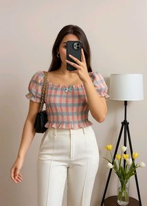 Plaid Smocked Off-Shoulder Top
