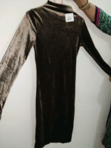 Brown Velvet Mock Neck Mini Dress