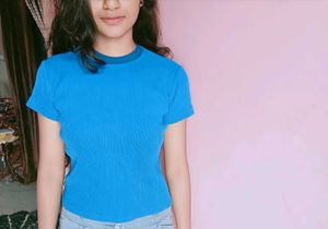 Blue Ribbed Knit Top
