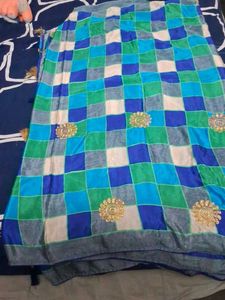 Grey Checkered Sari with Floral Accents