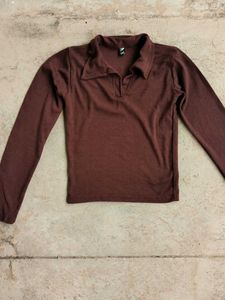 Brown Collar Ribbed Top
