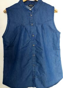Sleeveless Denim Button-Up Shirt