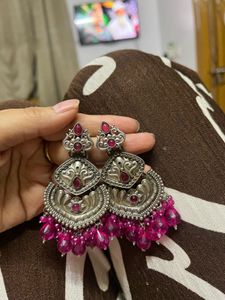 Oxidized Silver &amp; Pink Beaded Earrings