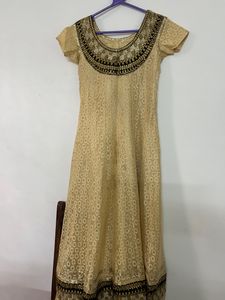 Golden Netted Anarkali Kurta With Shawl