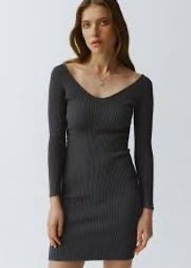 Black Ribbed Long Sleeve Dress