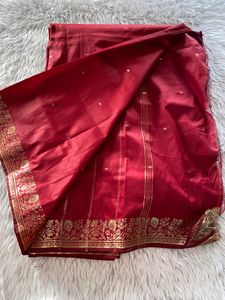 Women Red Printed With Gold Zari Border Saree