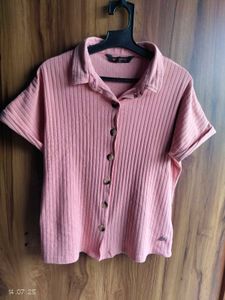 Peach Ribbed Button-Down Shirt