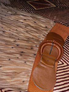Long Brown Synthetic Chiffon Skirt With Belt