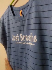 Blue Striped &#34;Just Breathe&#34; Tee