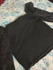 Midnight Muse Black Crop Top – Sheer Net Long Sle