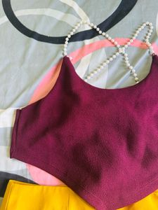 Maroon Crop Top With Yellow Mini Skirt