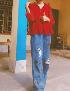 Dog Print Wide Leg Jeans