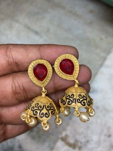 Red Stone Jhumka Earrings