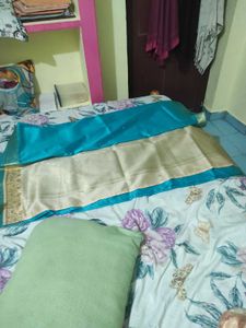 Teal Blue Saree with Gold Border