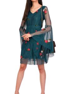 Teal Floral Embroidered Mini Dress