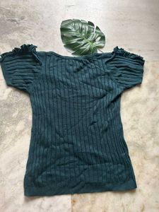 Green Ribbed V-Neck Top