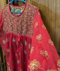 Red &amp; Yellow Embroidered Short Kurti