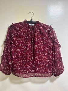 Red Floral Ruffle Blouse
