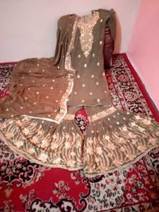 Olive Green Embroidered Gharara Suit