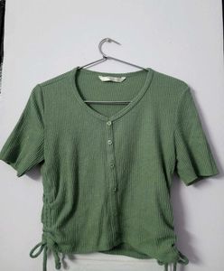 Green Ribbed Button Top