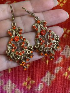 Ethnic Golden And Orange Earrings