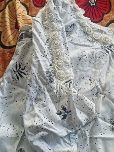 Chic White Leaf Print Top with Crochet Neckline