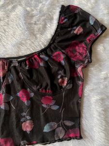 Urbanic Black Floral Printed Mesh Top