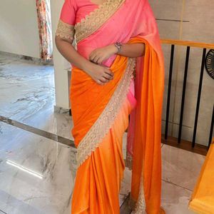Pink and Orange Saree with Lace