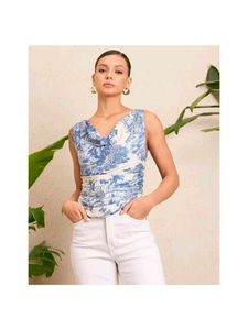 Blue Toile Cowl Neck Top