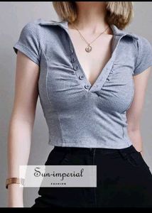 Grey Ribbed Polo Crop Top