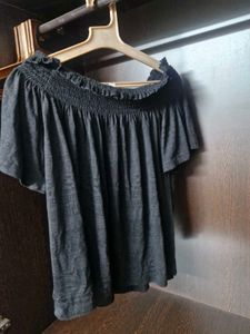 Black Smocked Off-Shoulder Top