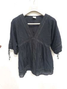 Dark Blue Embroidered V-Neck Blouse