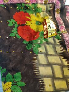 Black Saree With Kundan Work, Multicolour Flowers.
