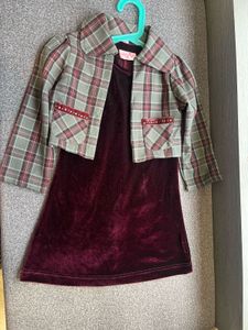 CuteVelvet And  Plaid Dress & Jacket Set