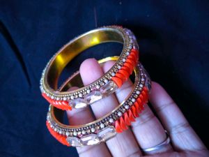 Orange &amp; Crystal Bangles (Set of 2)