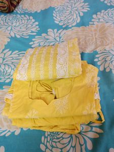 Pure Cotton Yellow Colour XXL Size Half Sleeve Salwar Kameez Set With Slightly Heavy Suta Work Cotton Dupatta