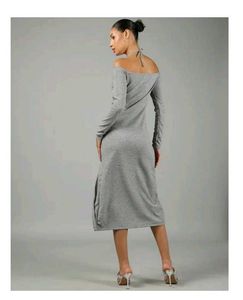 Gray Off-Shoulder Slit Midi Dress